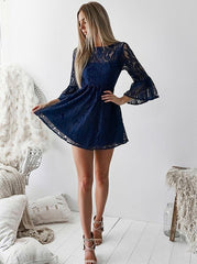 A-Line Bateau Lace Navy Blue Bell Sleeve Homecoming Dress with Open Back