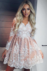 A-Line Long Sleeve Short Lace Homecoming Prom Dress