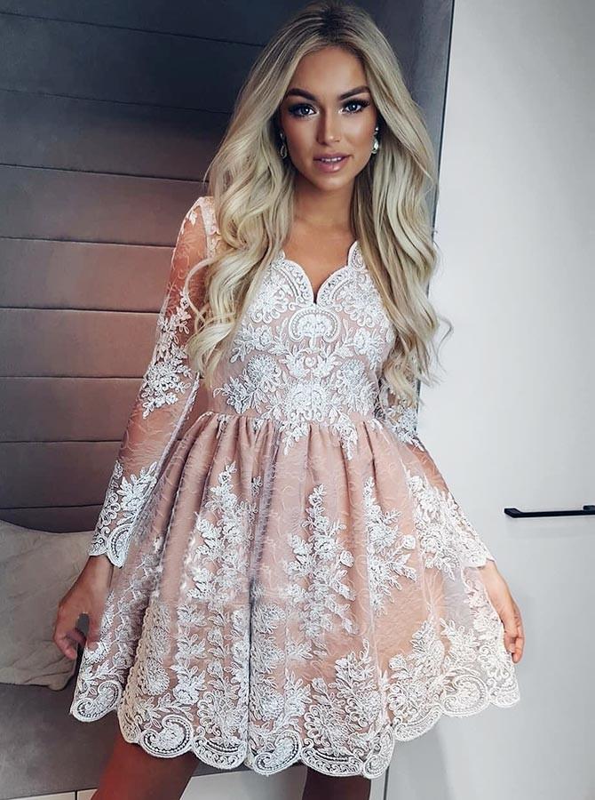 A-Line Long Sleeve Short Lace Homecoming Prom Dress