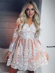 A-Line Long Sleeve Short Lace Homecoming Prom Dress