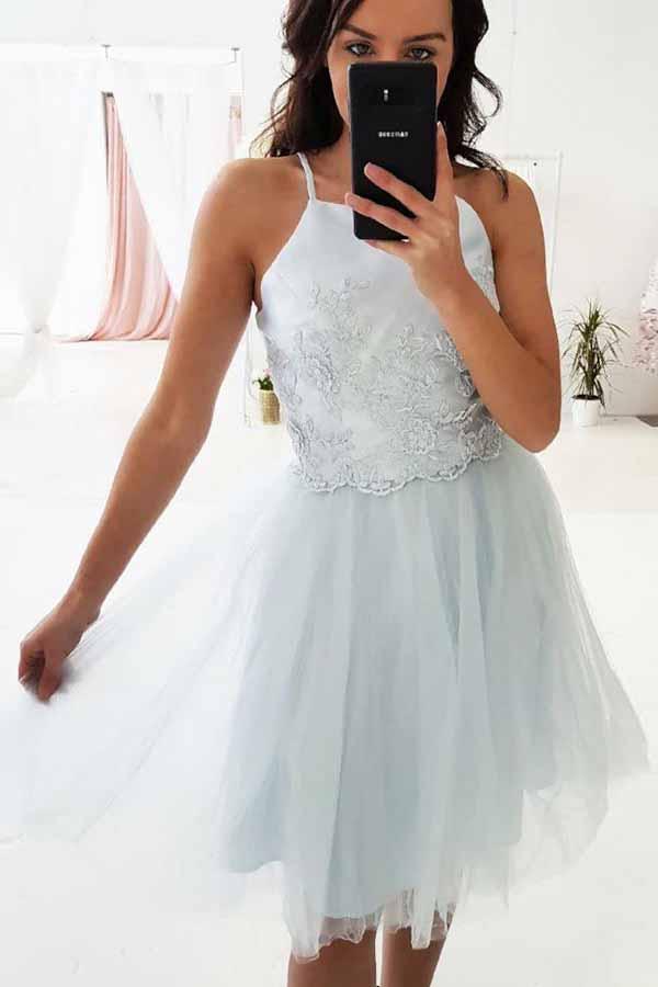 A-Line Spaghetti Straps Appliques Homecoming Dresses with Tulle Skirt