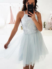 A-Line Spaghetti Straps Appliques Homecoming Dresses with Tulle Skirt