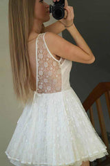 A-Line Illusion Bateau Lace Short Prom Homecoming Dress with V-Back