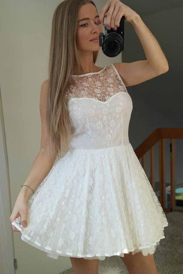 A-Line Illusion Bateau Lace Short Prom Homecoming Dress with V-Back