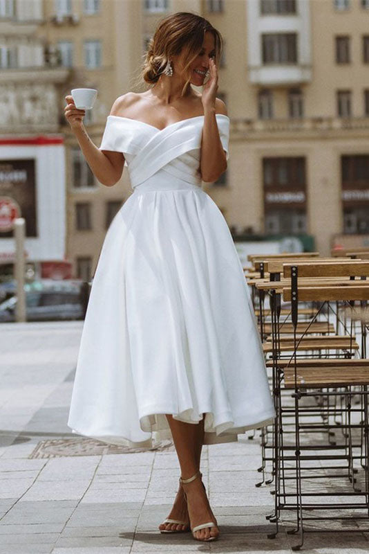 Elegant Off-Shoulder Sleeveless Knee-Length Simple Wedding Dress