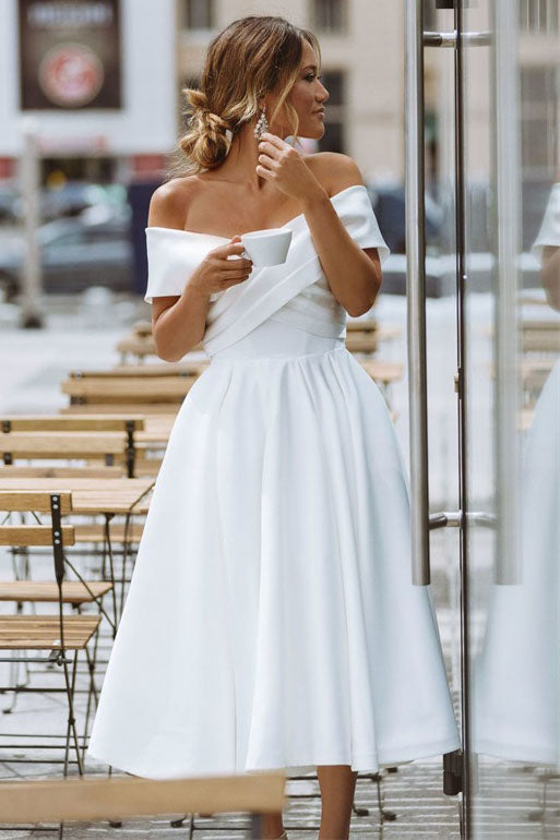 Elegant Off-Shoulder Sleeveless Knee-Length Simple Wedding Dress