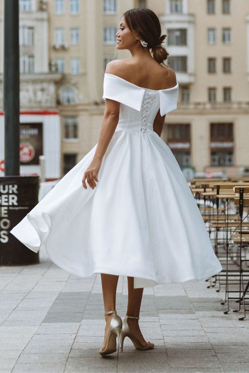 Elegant Off-Shoulder Sleeveless Knee-Length Simple Wedding Dress