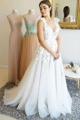 Princess Bowknot Strap V-Neck Tulle Applique Sleeveless Wedding Dress