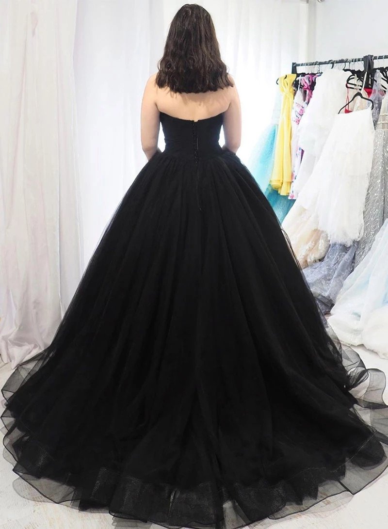 Sweetheart Tulle Ball Gown Black Long Formal Prom Dresses