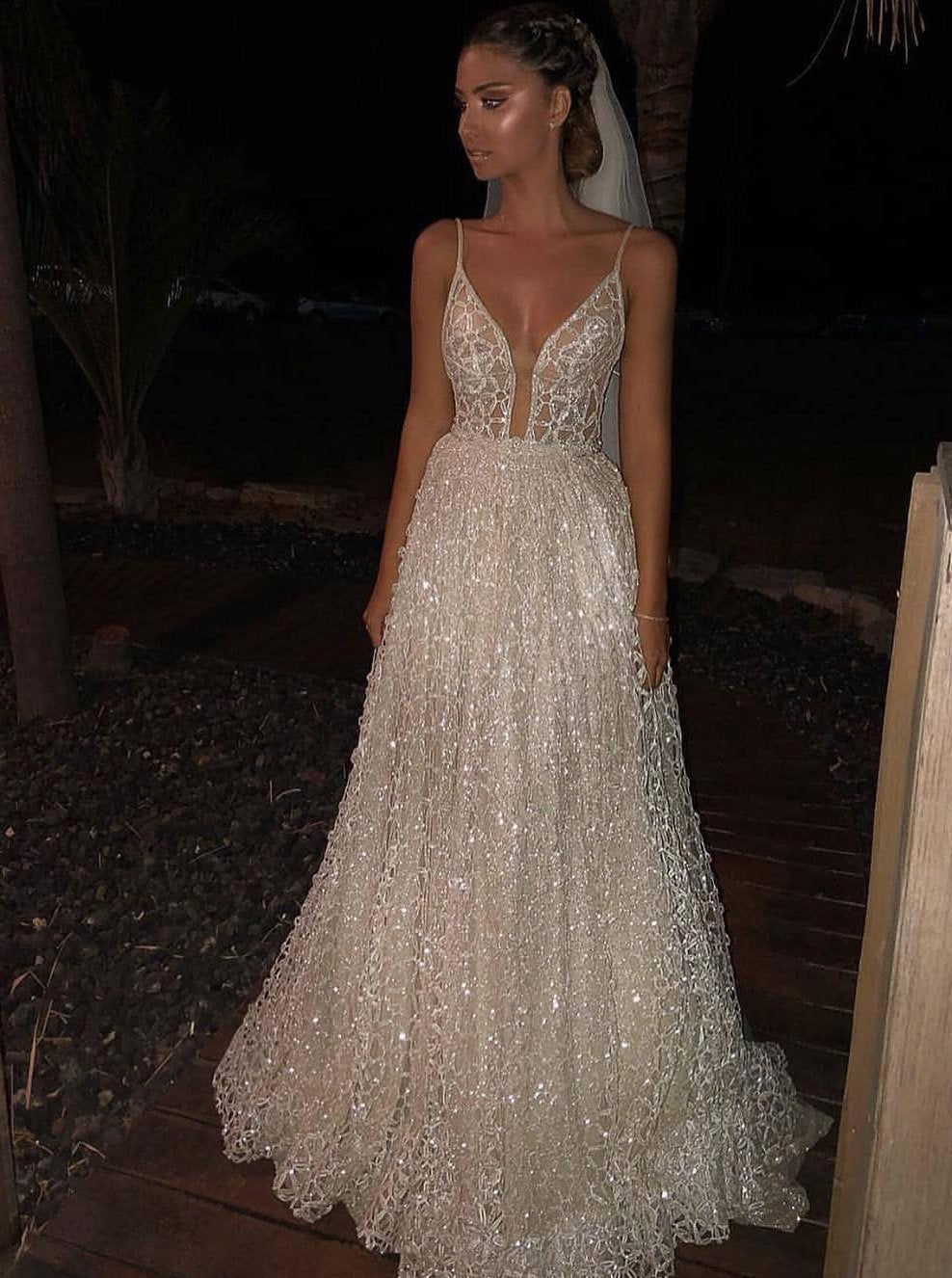 Sparkle Deep V-Neck Long Prom Dresses Sequined Wedding Dresses