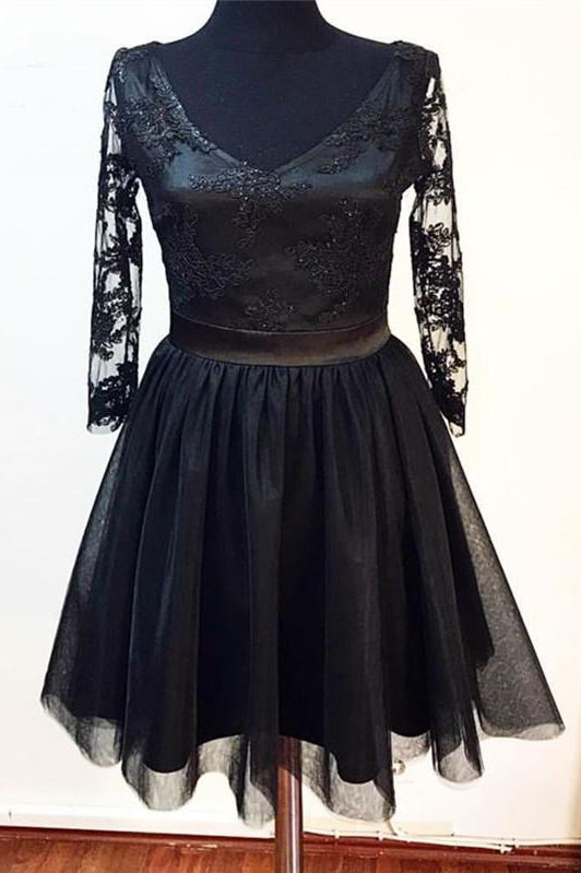 3/4 Sleeve V-Neck Little Black Lace Tulle Homecoming Dress