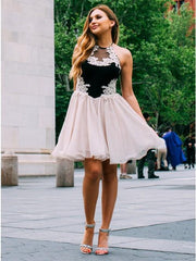 A-Line Black Chiffon Homecoming Dress with Lace Appliques