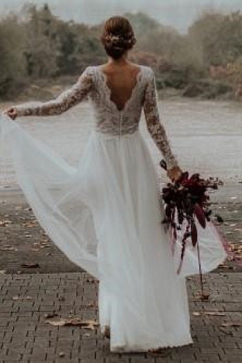 A-Line V-Neck Lace Chiffon Long Sleeve Beach Wedding Dress