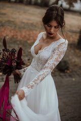 A-Line V-Neck Lace Chiffon Long Sleeve Beach Wedding Dress