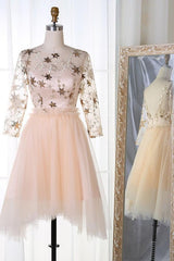 A-Line Bateau 3/4 Sleeves Stars Embroidered Tulle Homecoming Dresses