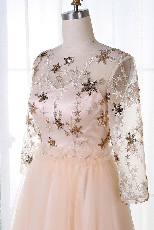 A-Line Bateau 3/4 Sleeves Stars Embroidered Tulle Homecoming Dresses