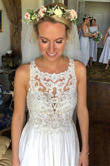 A-Line Scoop Neckline Ivory Chiffon Lace Long Beach Wedding Dress