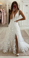 A-Line Bohemian Lace Applique Beach Wedding Dress