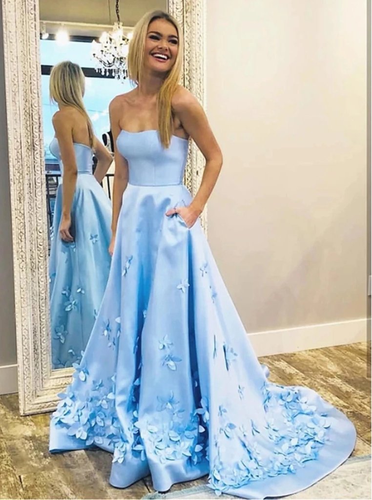 A-Line 3D Flowers Sky Blue Strapless Long Prom Dresses with Pockets