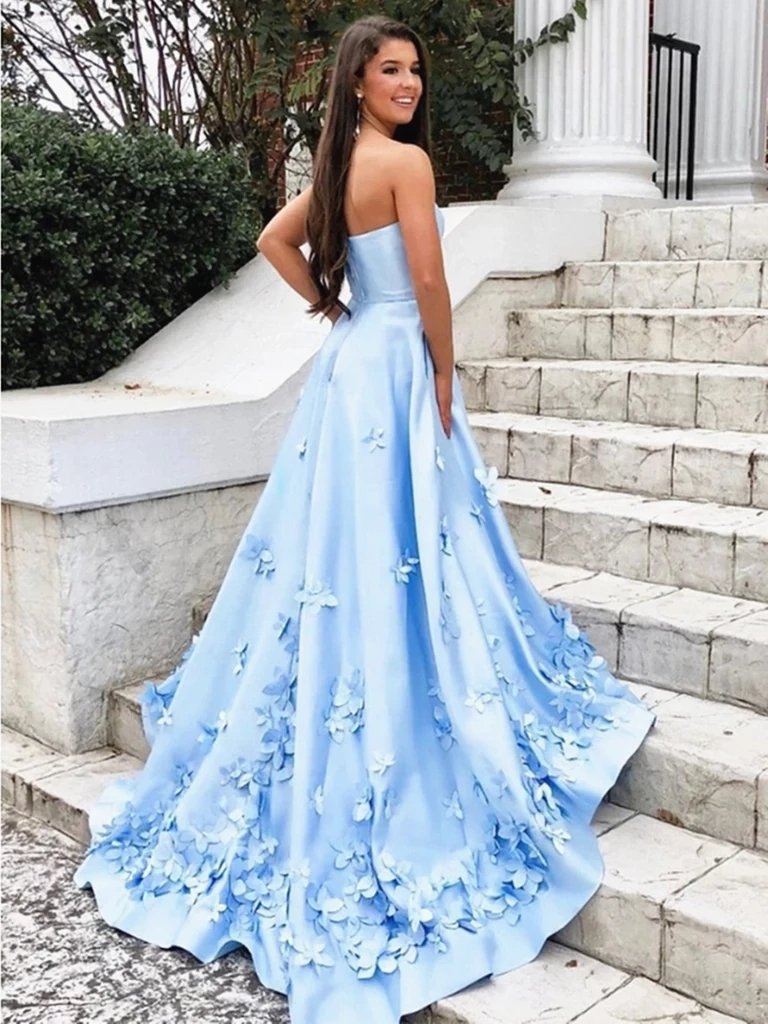 A-Line 3D Flowers Sky Blue Strapless Long Prom Dresses with Pockets