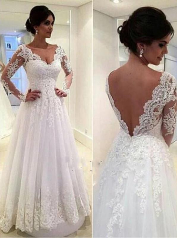 Bridal Gown with Long Sleeves, A-Line Wedding Dress with Lace Applique