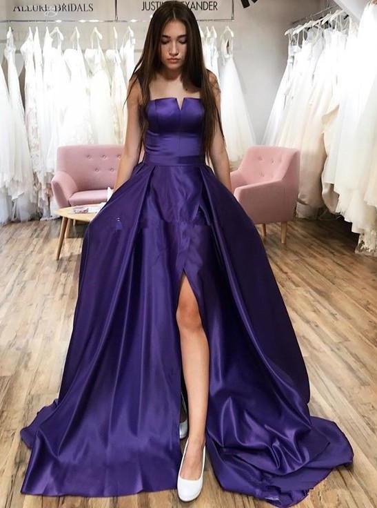 Straps Purple Strapless Long Prom Dresses Simple Split Evening Dress