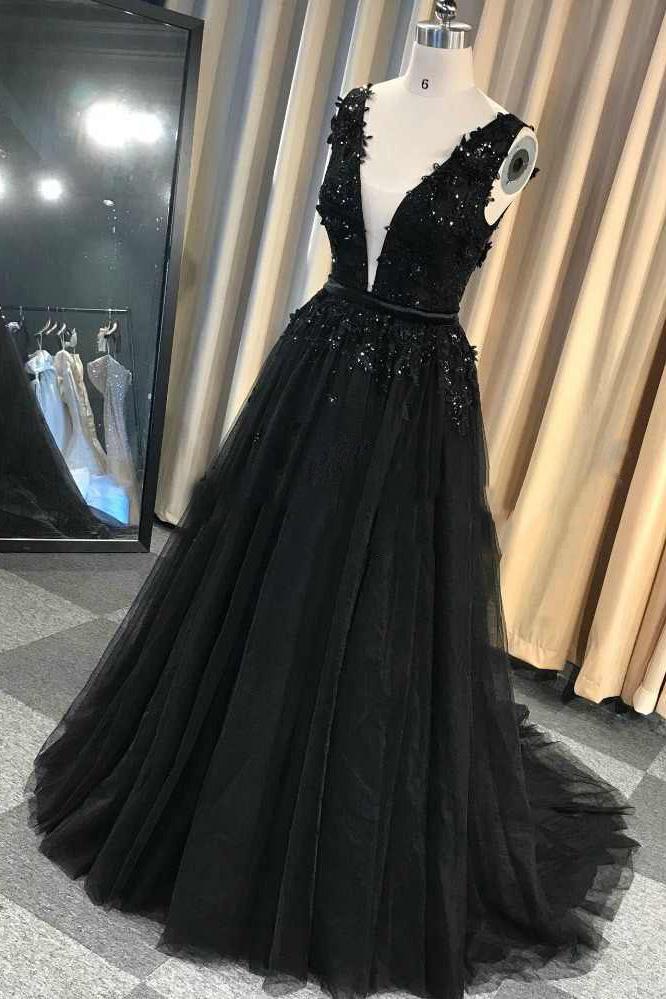 A-Line Lace Appliques Black V-Neck Long Prom Dresses, Charm Sleeveless Evening Dress