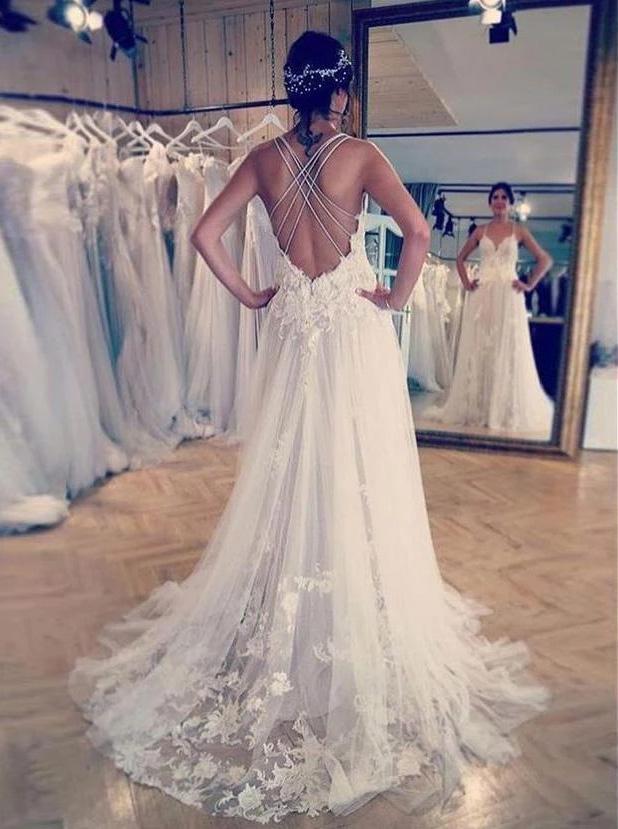 A-Line Backless Spaghetti Strap Lace Applique Wedding Dress