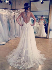 A-Line Backless Spaghetti Strap Lace Applique Wedding Dress