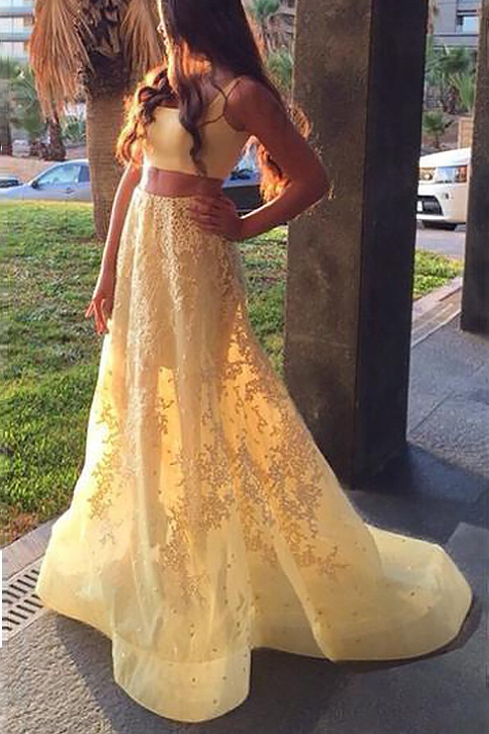 A-Line Square Sleeveless Appliqued Two Piece Yellow Prom Dresses