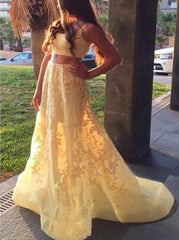 A-Line Square Sleeveless Appliqued Two Piece Yellow Prom Dresses