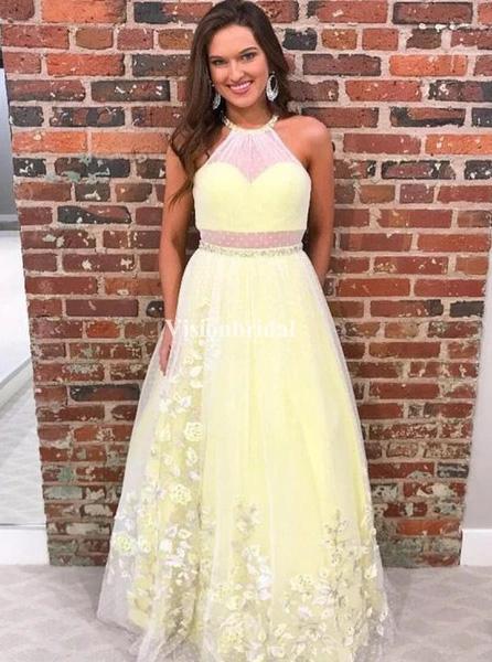 A-Line Halter Yellow Long Prom Dress with Appliques Beading