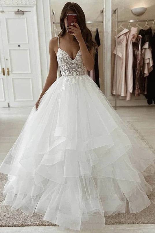 A-Line V-Neck Sleeveless Wedding Dress with Beaded Appliques