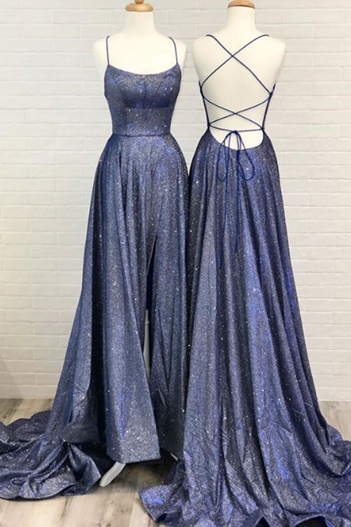 Spaghetti Straps Sparkle Long Prom Dresses, Backless Sleeveless Evening Gowns