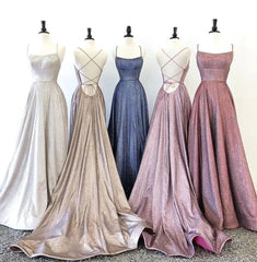 Spaghetti Straps Sparkle Long Prom Dresses, Backless Sleeveless Evening Gowns