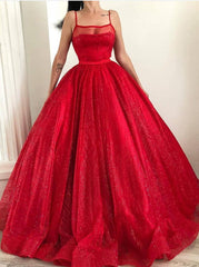 Spaghetti-Straps Square Sparkly Red Tulle Ball Gown Long Prom Dresses