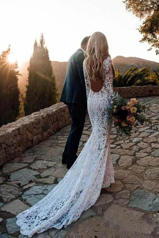 Backless Mermaid Lace Long Sleeve Boho Wedding Dress