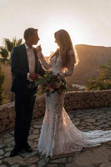 Backless Mermaid Lace Long Sleeve Boho Wedding Dress