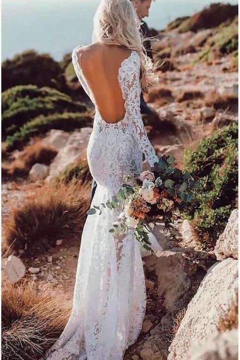 Backless Mermaid Lace Long Sleeve Boho Wedding Dress