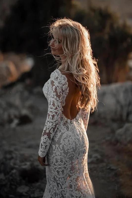 Backless Mermaid Lace Long Sleeve Boho Wedding Dress