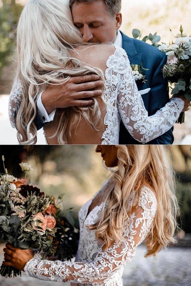 Backless Mermaid Lace Long Sleeve Boho Wedding Dress