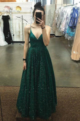 Sparkly Dark Green Backless Prom Dresses Sequins Evening Dress