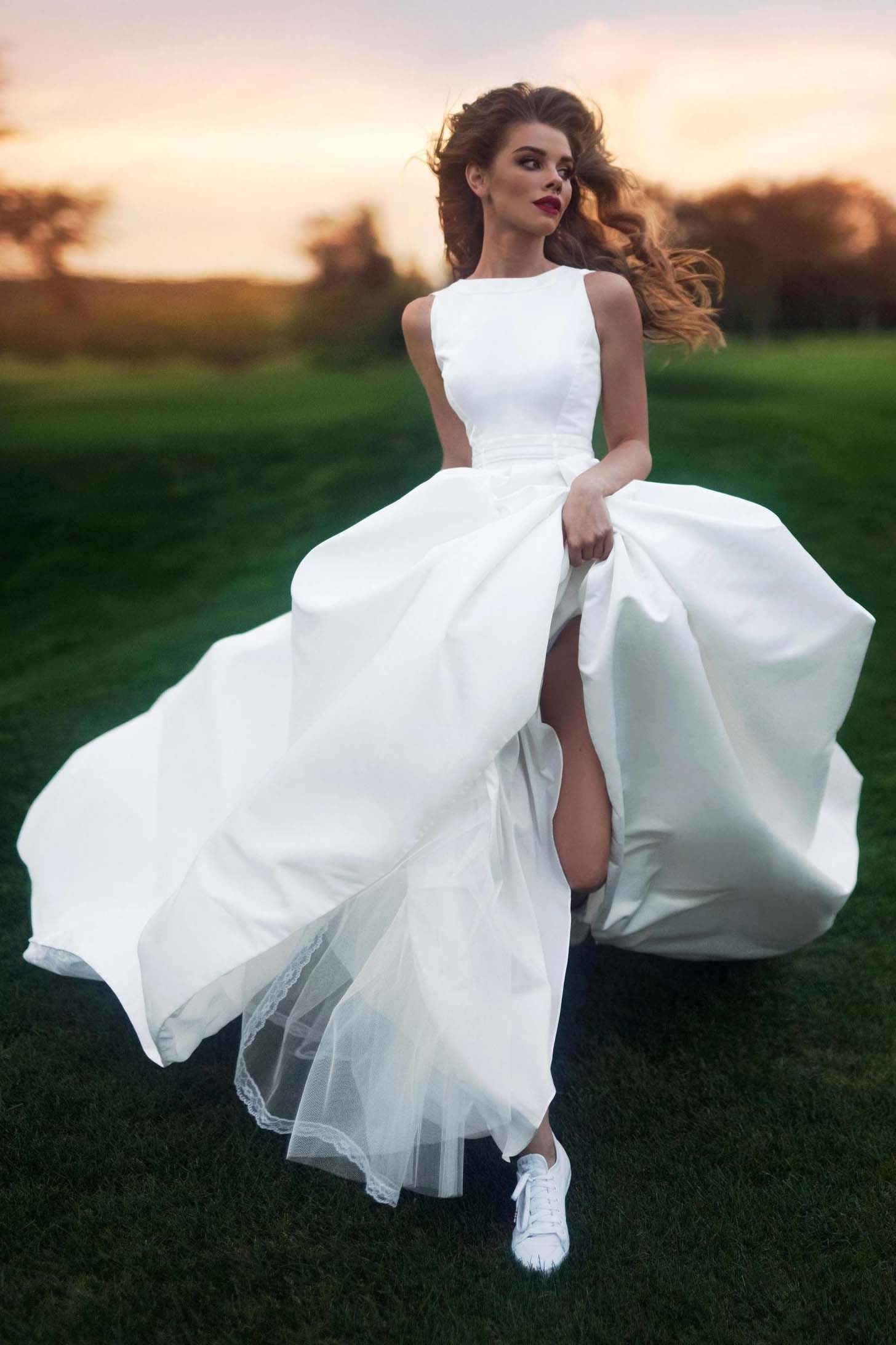 Elegant A-Line Bateau Sleeveless Satin Wedding Dress