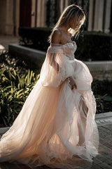 Romantic Appliques Off-Shoulder Tulle Wedding Dress with Long Puff Sleeves