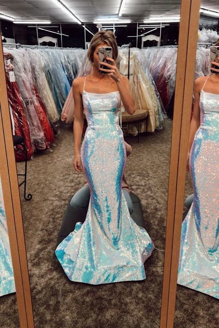 Sparkle Mermaid Prom Dresses, Spaghetti Straps Long Evening Dress