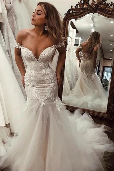 Stunning Off Shoulder Mermaid Lace Applique Wedding Dresses with Tulle Skirt