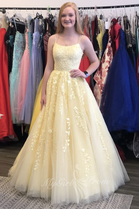 Spaghetti Straps Long Tulle Prom Dresses, Yellow Appliques Graduation Gown