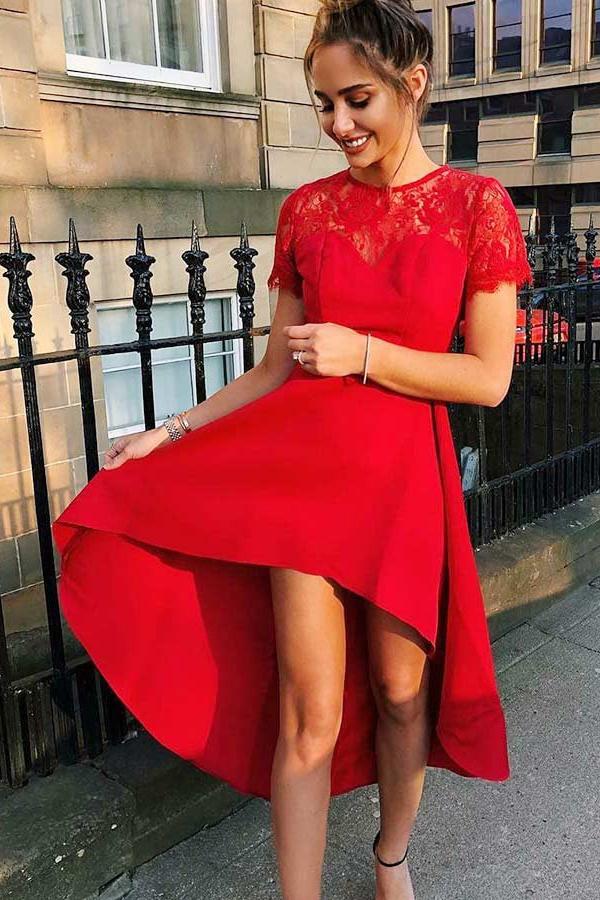 Jewel Lace Short Sleeves Red Homecoming Dresses High-Low Prom Dress