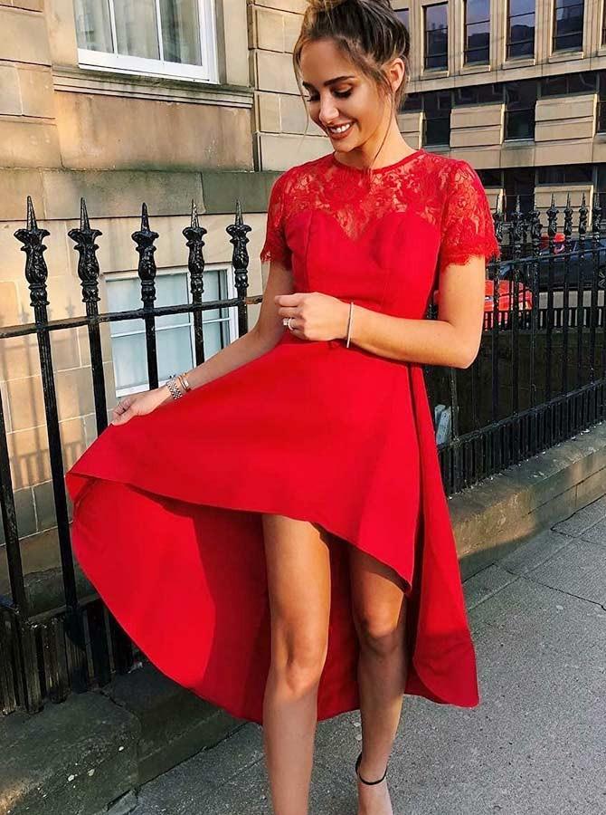 Jewel Lace Short Sleeves Red Homecoming Dresses High-Low Prom Dress