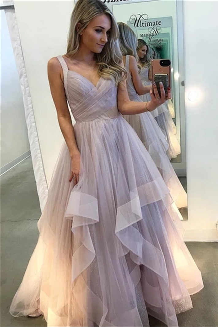 A-Line Long Prom Dresses, Lavender Tiered Tulle Sleeveless Evening Gown